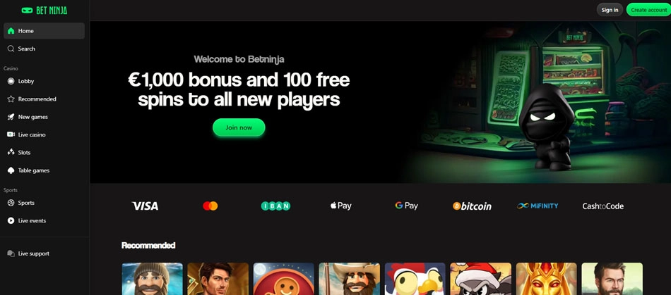 Bet Ninja – Op til €1.000 bonus + 100 free spins